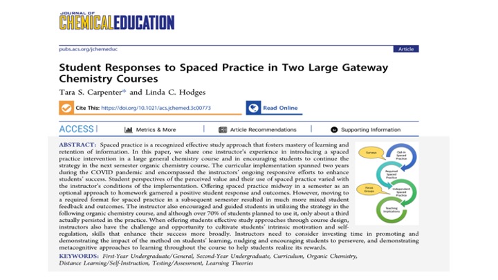Dr. Carpenter publishes results of Spaced Learning in Large Format Classes in J. Chem Ed.